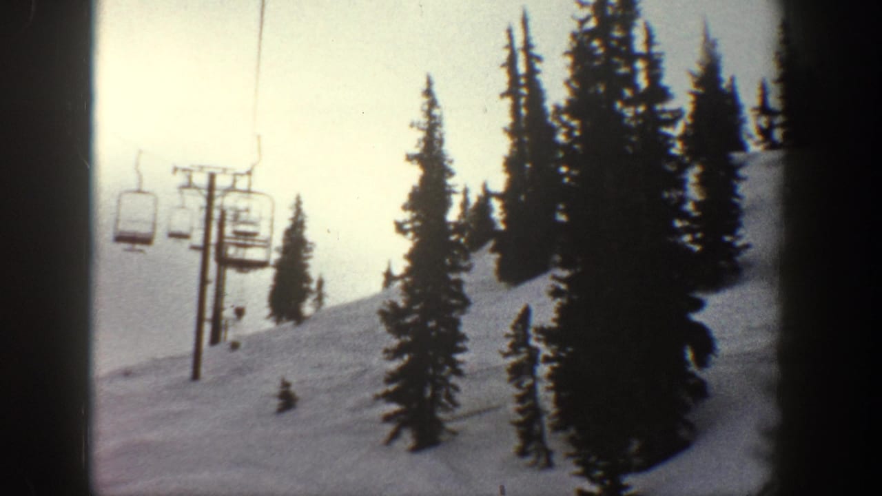 Single ski chairlift chair on cable above a snow-covered slope with evergreen trees and overcast sky.