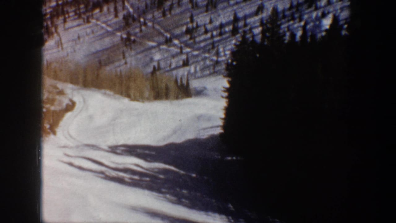Aspen, Colorado winter road scene from 1961, with snow, evergreens, and strong contrast from tree shadows.