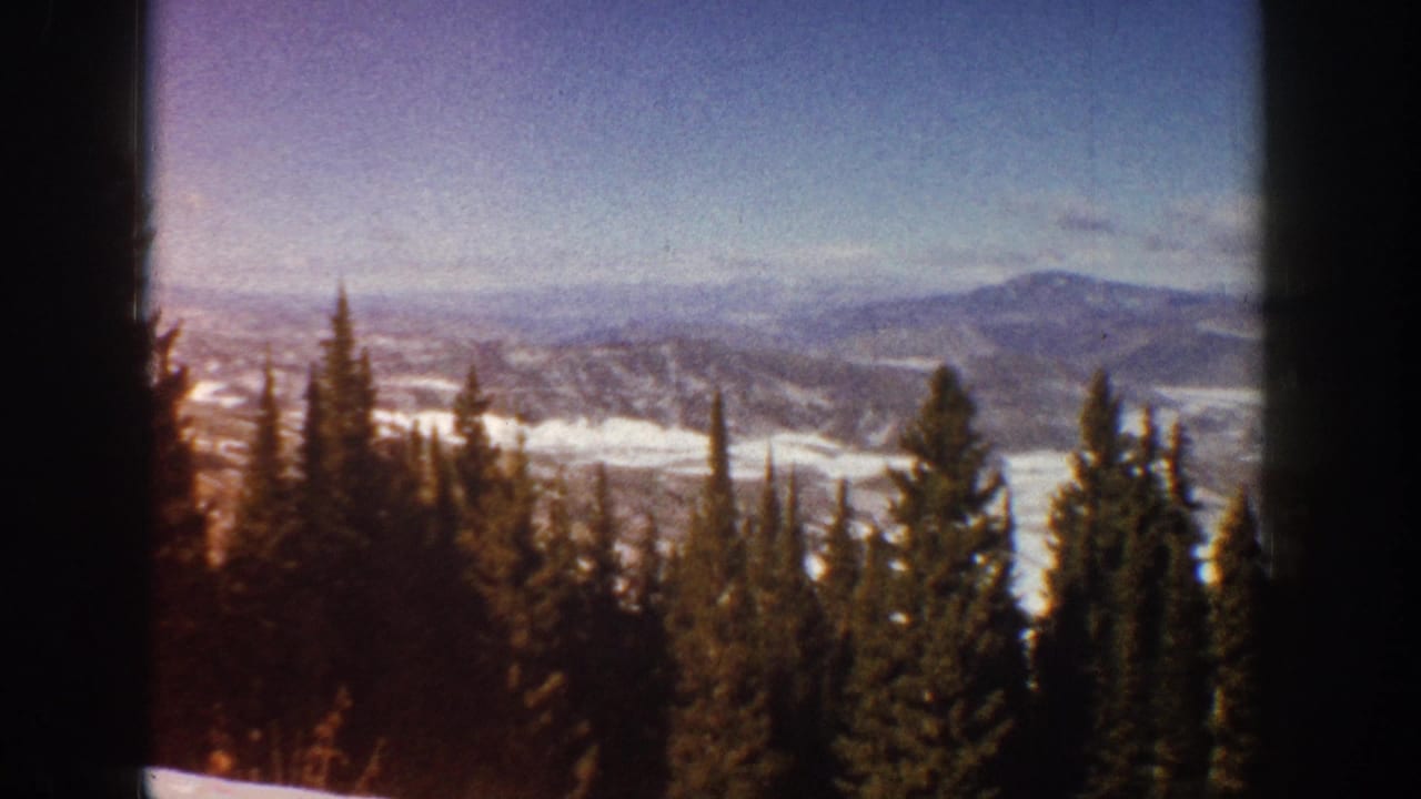 Snowy valley and distant mountains beyond tall pines, bordered by dark vertical edges.