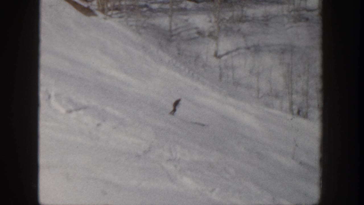 1961 Aspen frame with a lone skier carving across the snow while bare aspen trunks line the upper slope.