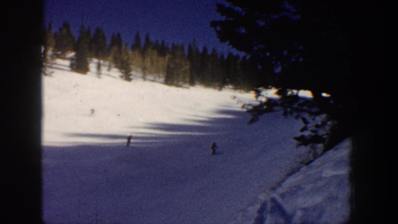 Distant skiers cross a snowy slope below dark trees and a blue sky.