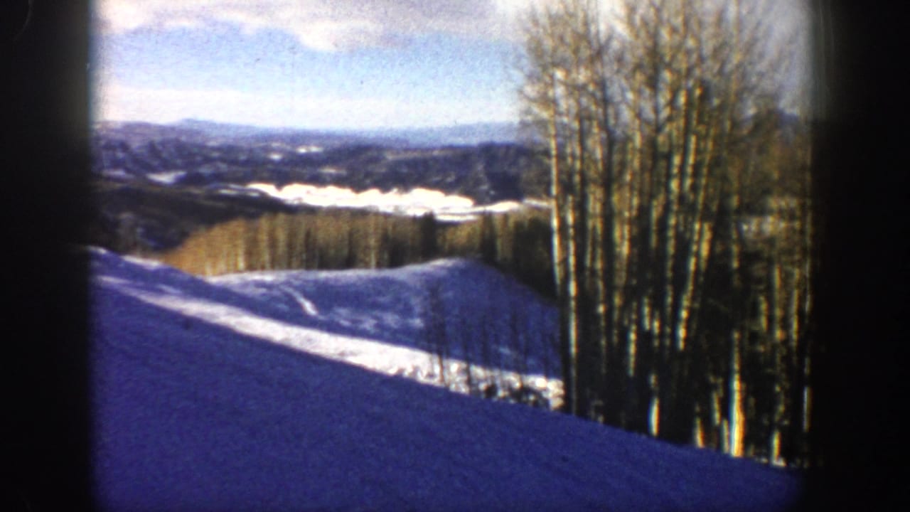 Winter hillside with aspen trees at right and distant snowy mountains beyond.