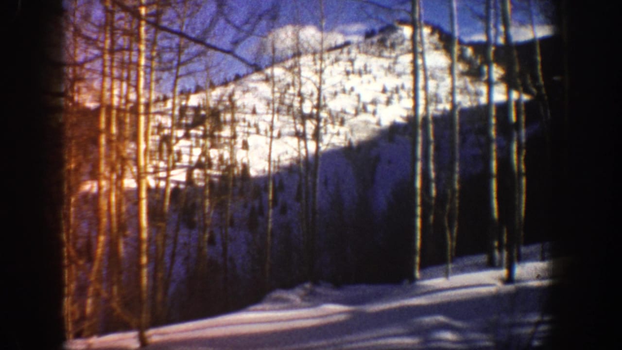 Aspen-area winter landscape with leafless trees, white mountain ridge, blue sky, and long shadows across snow.