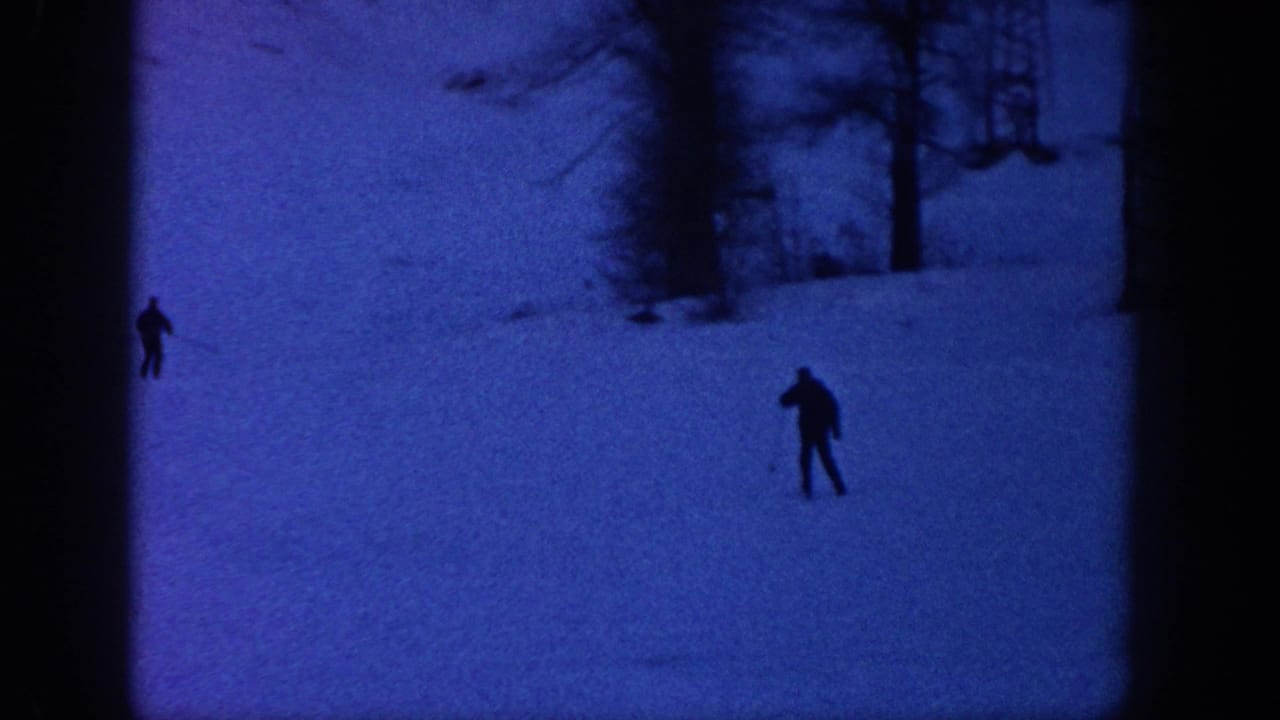 Two skiers descend a snowy slope, with trees and a lift structure in the background.