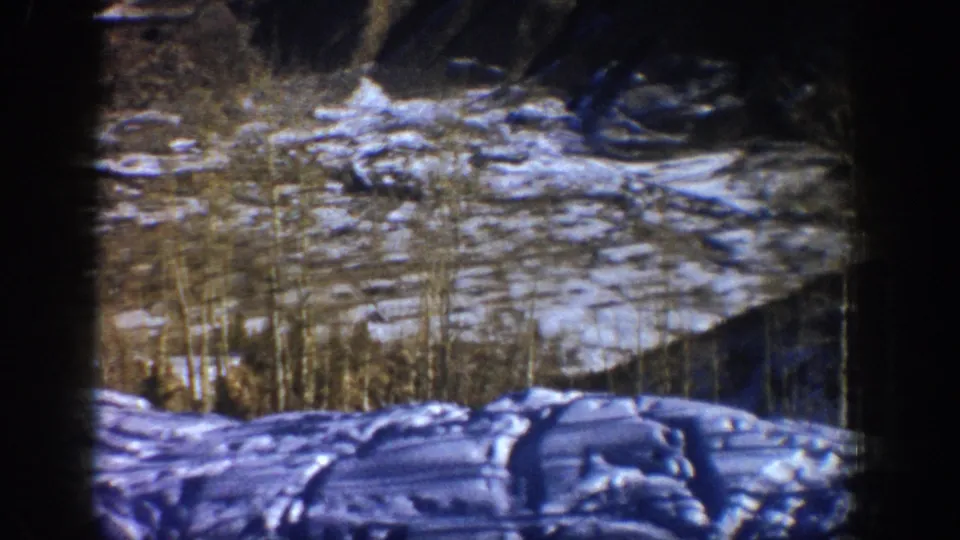 Aspen, Colorado 1961 frame showing a snow-covered slope and thin bare trees, softened by grain and dark 8mm framing.