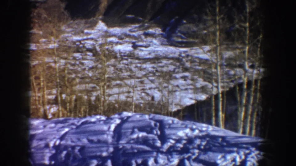 1961 Aspen winter frame with snow, leafless aspen trees, and a shadowed hillside visible through a heavy dark viewfinder-like border.