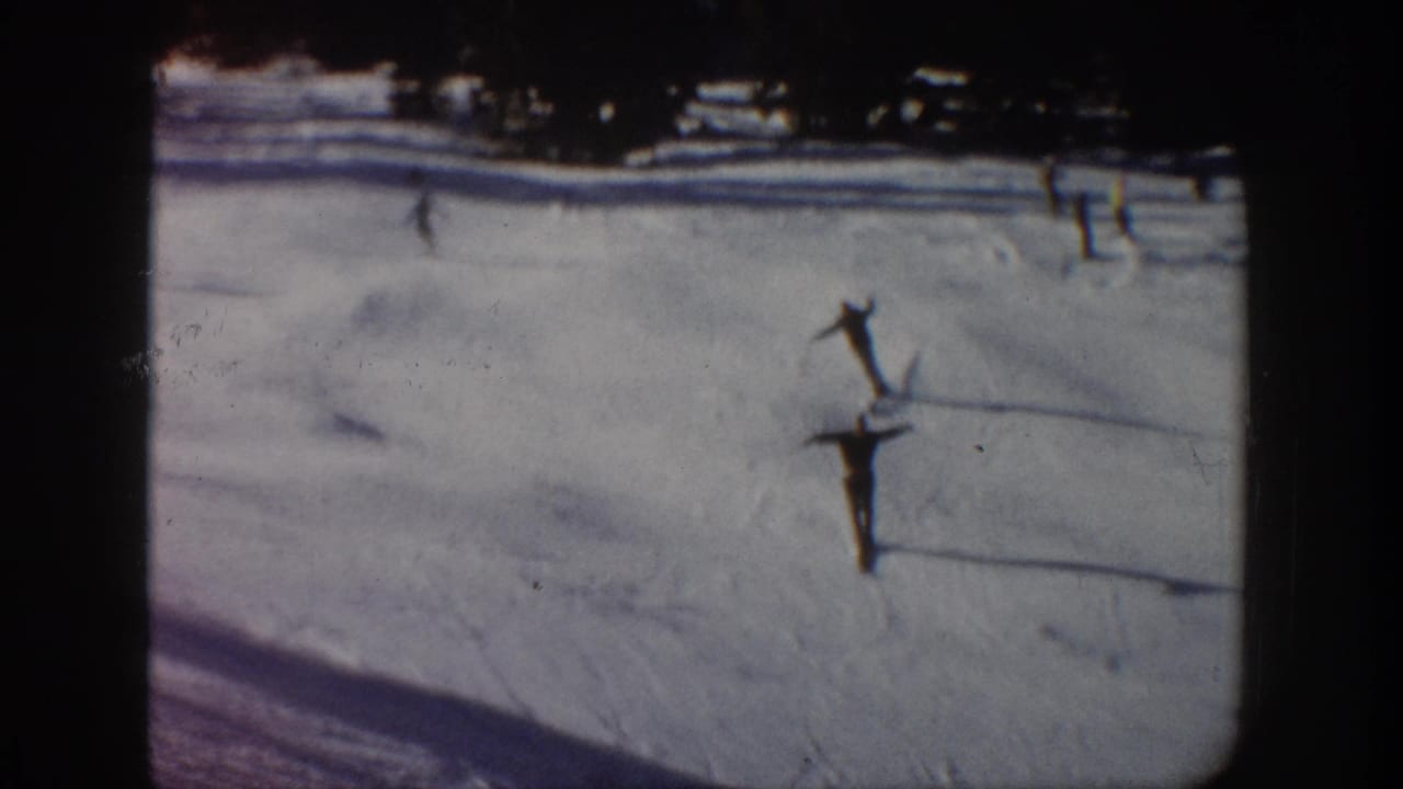 A skier glides downhill on a bright snowfield with trees at the top of the frame.