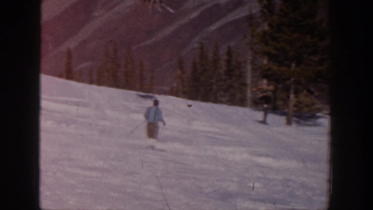 Distant skier crossing a snowy slope near evergreen trees.