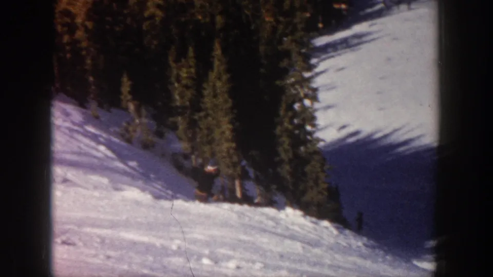 Near the end of the short Aspen skiing clip, the skier moves toward the tree-lined edge of the snowy slope.
