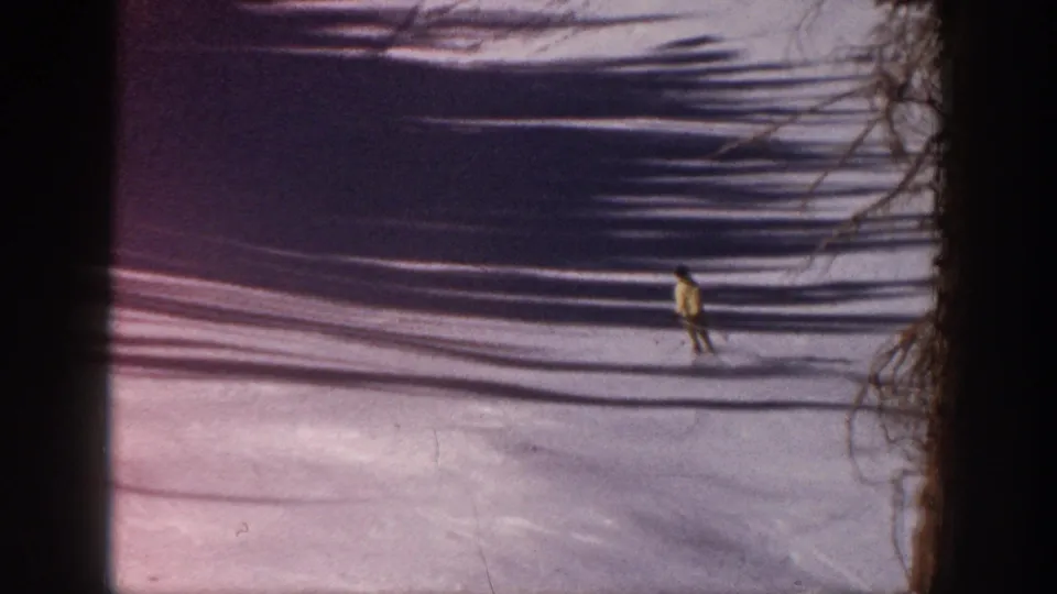 1961 Aspen frame showing the skier near the right edge of the slope, with bare branches, long shadows, and 8mm border darkness.