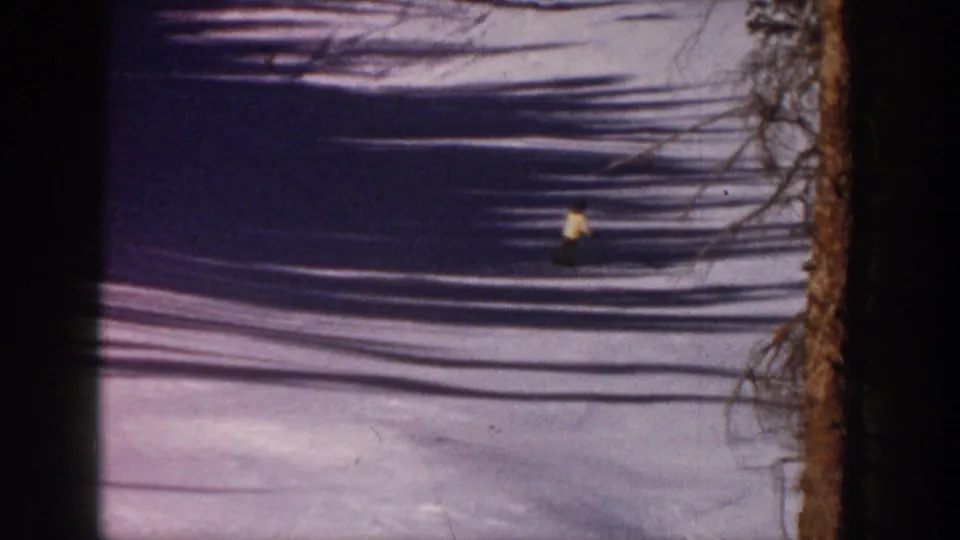 A skier in a yellow jacket appears on the snowy Aspen slope, partly framed by tree trunks and long shadows.