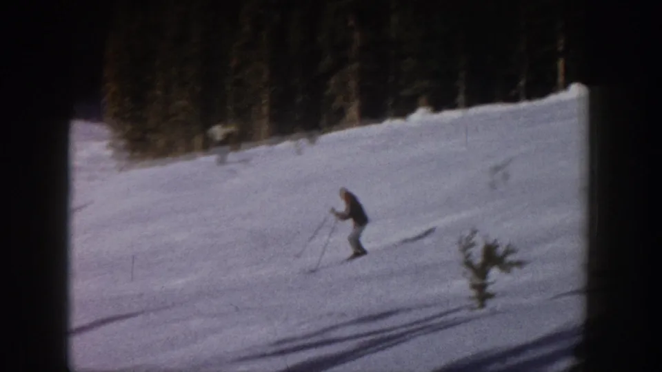 Near the end of the clip, the skier uses poles while passing small trees and long shadows on the snowy slope.