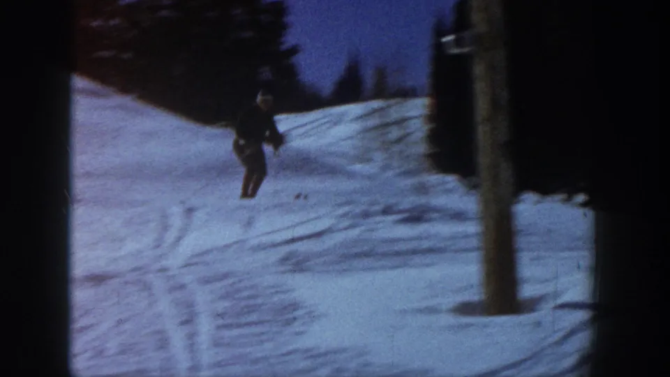 A skier moves downhill across snow in the wooded Aspen setting, partially framed by dark tree trunks.