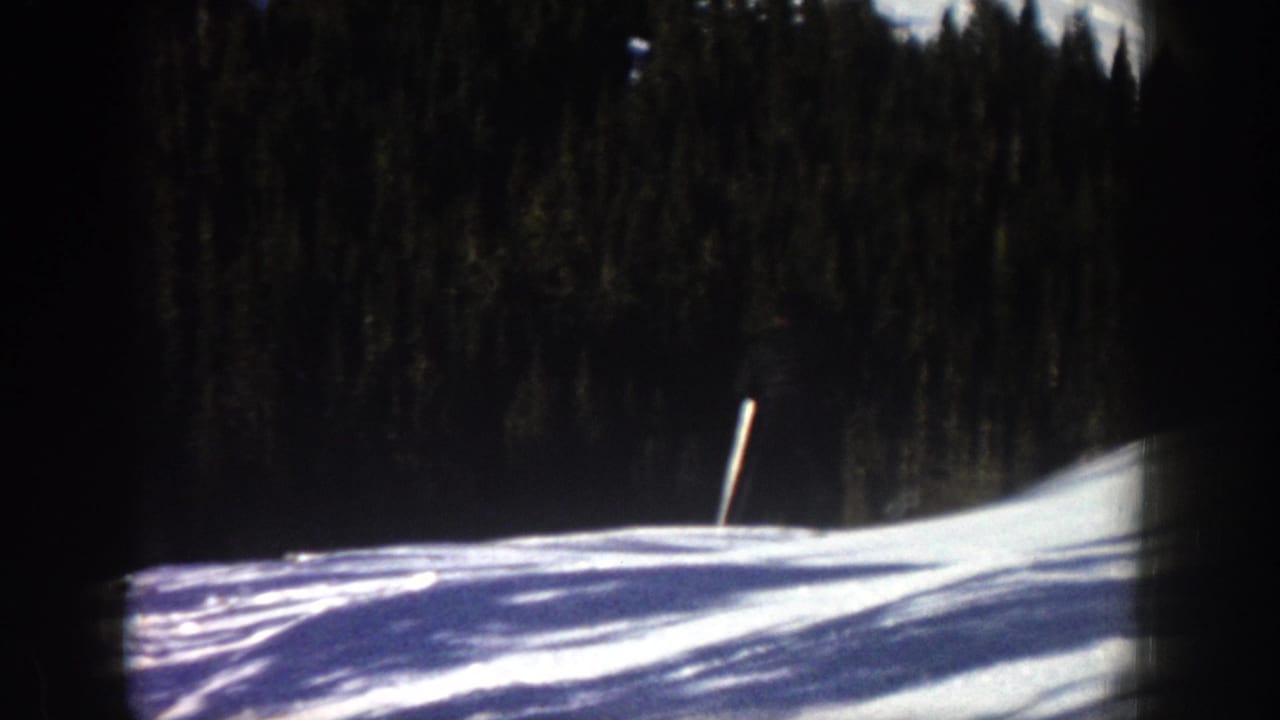 Snowy ski slope bordered by dark evergreen trees with long shadows across the snow.