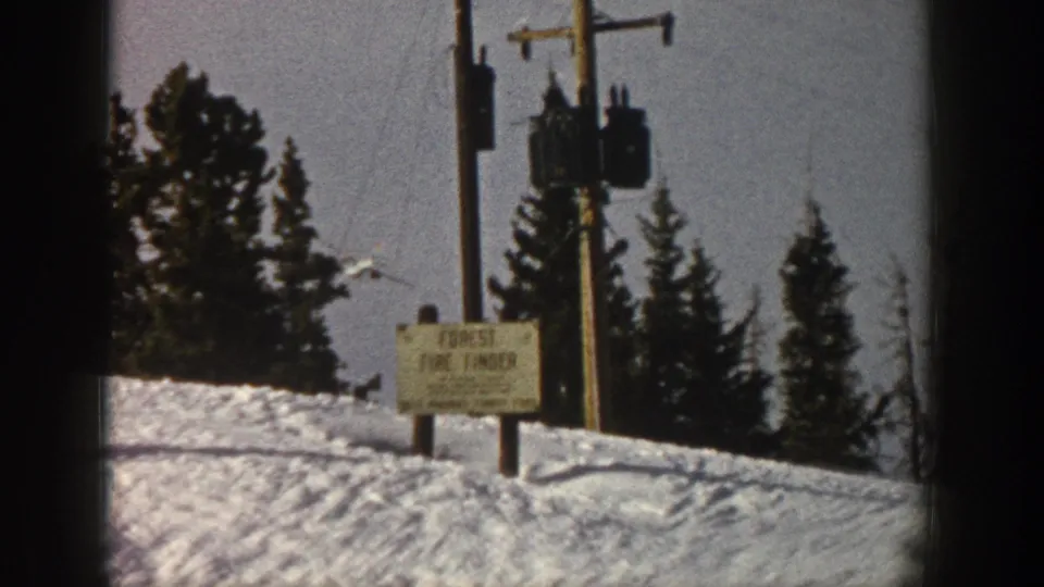The final frame shows snowy ground, trees, utility poles and a forest fire danger sign as the plane nears or passes behind the treeline.
