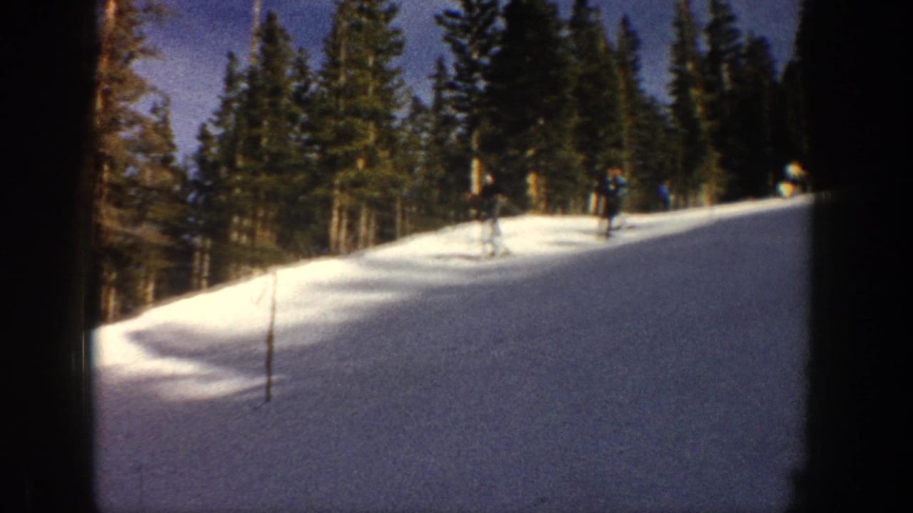 Snowy ski slope bordered by evergreen trees with small distant skiers near the crest.
