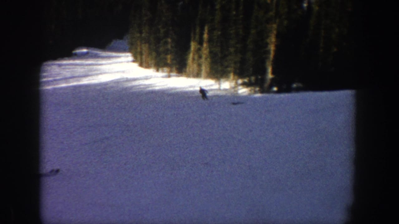Wide 8mm view of a skier descending a snow-covered Aspen slope near dense evergreen trees.