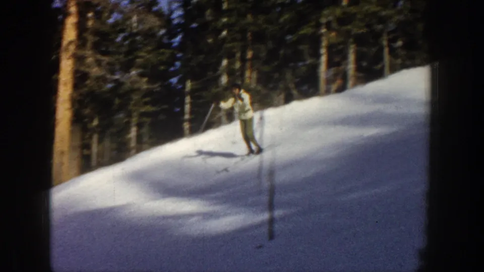 A skier in a light jacket descends a wooded snowy slope in Aspen, Colorado, with a marker pole in the foreground.