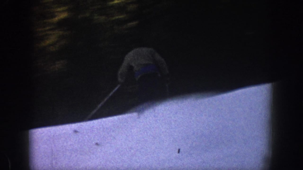 Skier partly in shadow descends a snowy slope near dark trees.