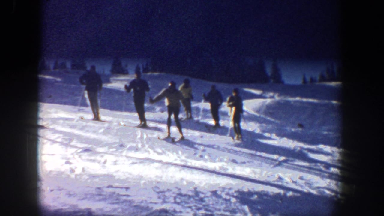 Several skiers gather on a snowy slope with tracks and trees in the background.