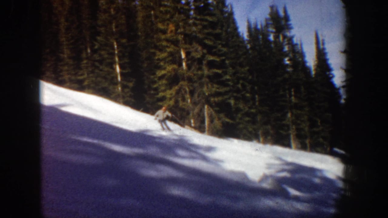 A distant skier descends a snowy slope beside evergreen trees.
