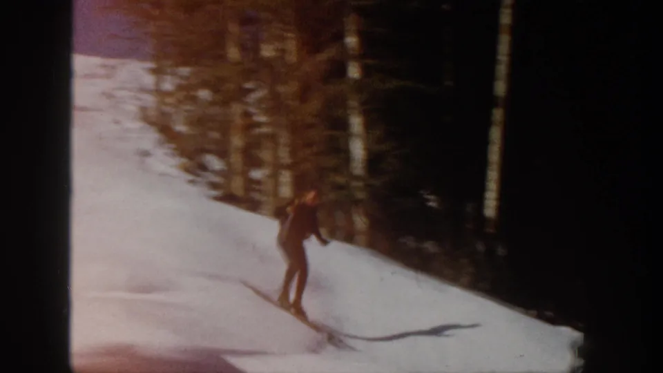 A skier glides toward a darker wooded area on the Aspen snow slope, with aspen trunks and soft 8mm blur visible.