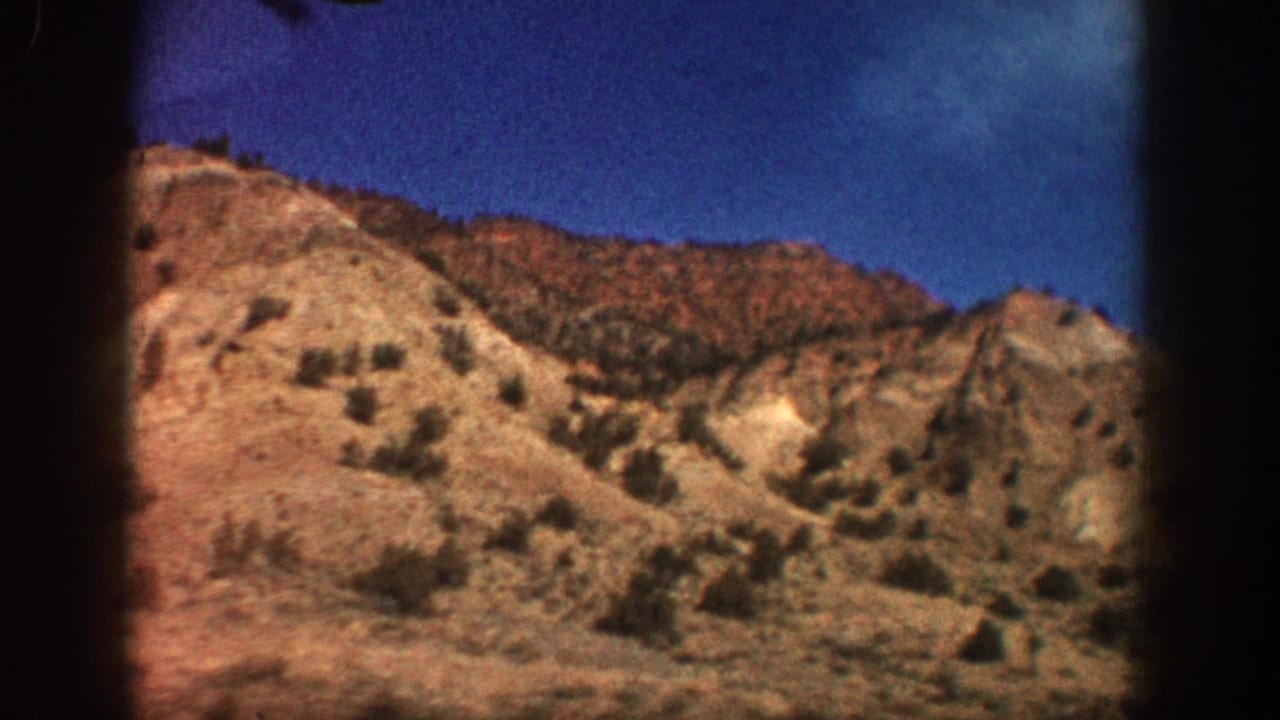 Sunlit hillside with sparse vegetation and pale rock patches beneath blue sky.