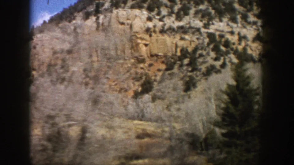 Final 1961 Aspen, Colorado frame showing a rocky slope, pale bare branches, scrub growth, and a dark evergreen at the edge of the moving view.