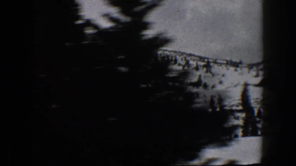 1961 Aspen, Colorado frame from a moving vehicle, with a dark blurred evergreen foreground crossing a snowy hillside and winter sky.