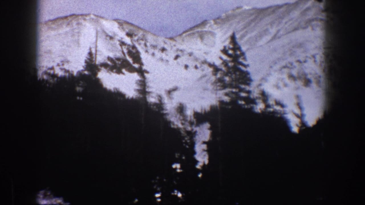 Snowy mountain face with evergreen silhouettes in the foreground.