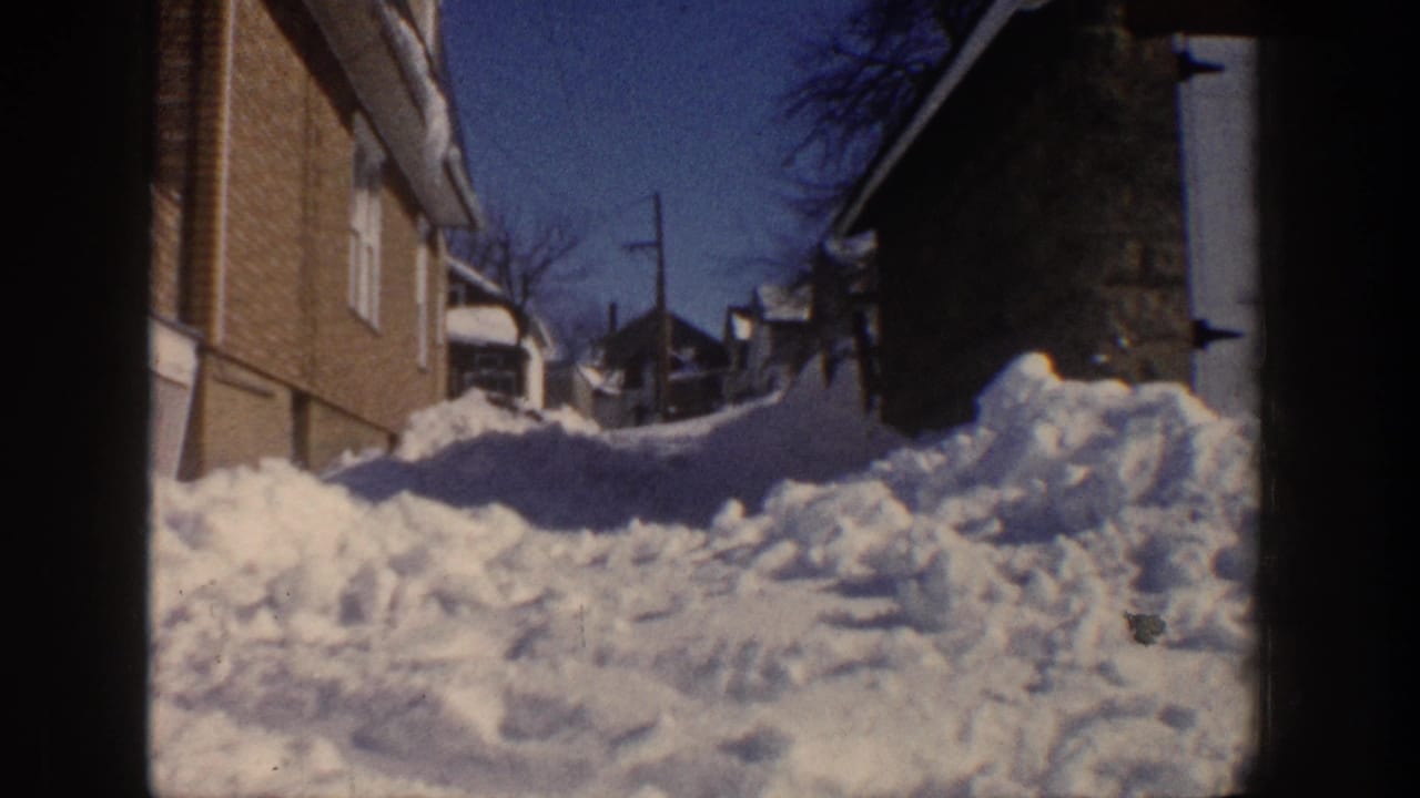 Snowbanks fill a narrow alley beside brick and stone residential buildings.