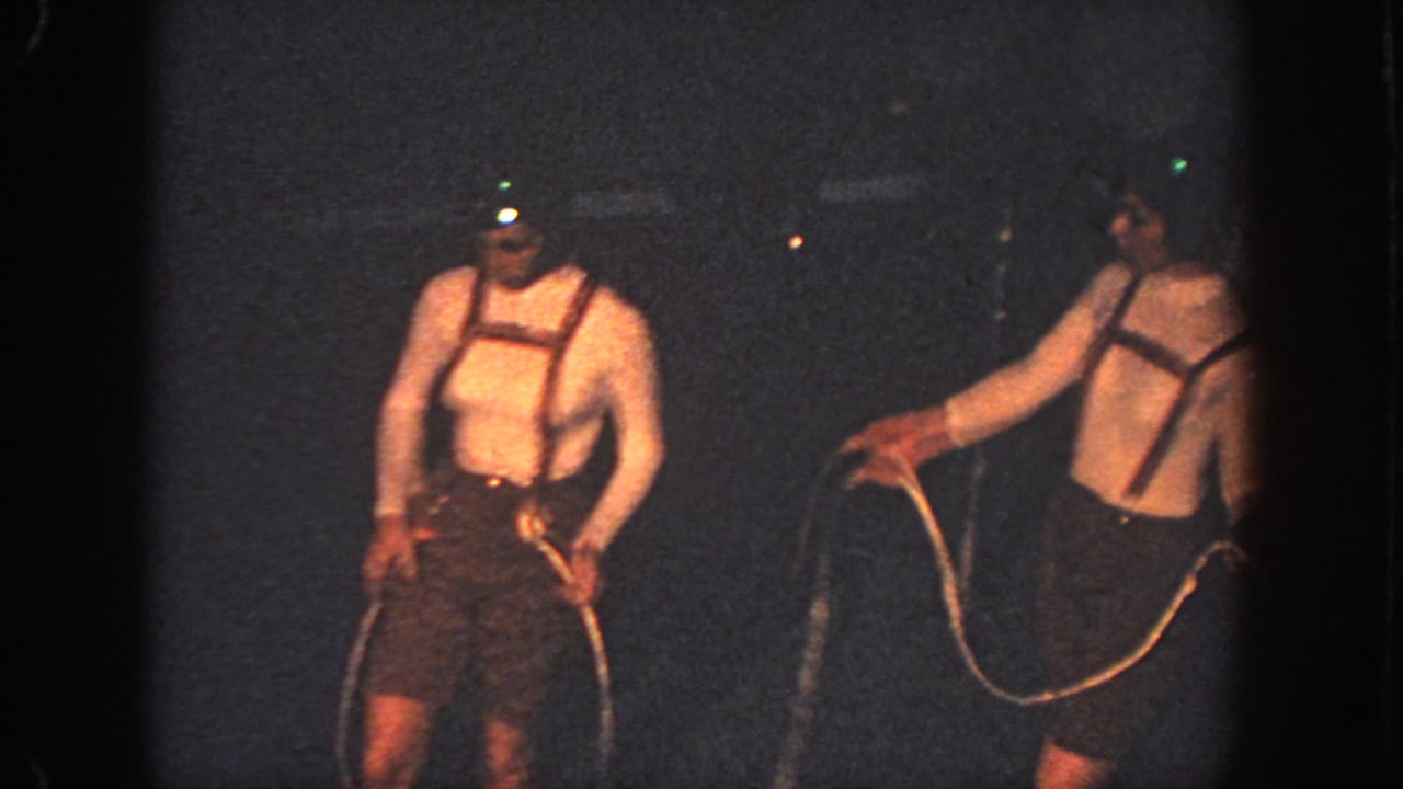 Two swimmers stand in a dark pool holding rope lines during a dimly lit routine.