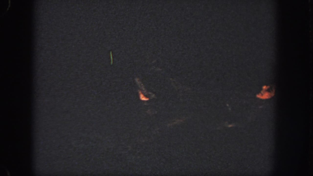 In this 1951 Atlanta home-movie frame, two swimmers' lower legs and feet appear dimly against dark pool water.