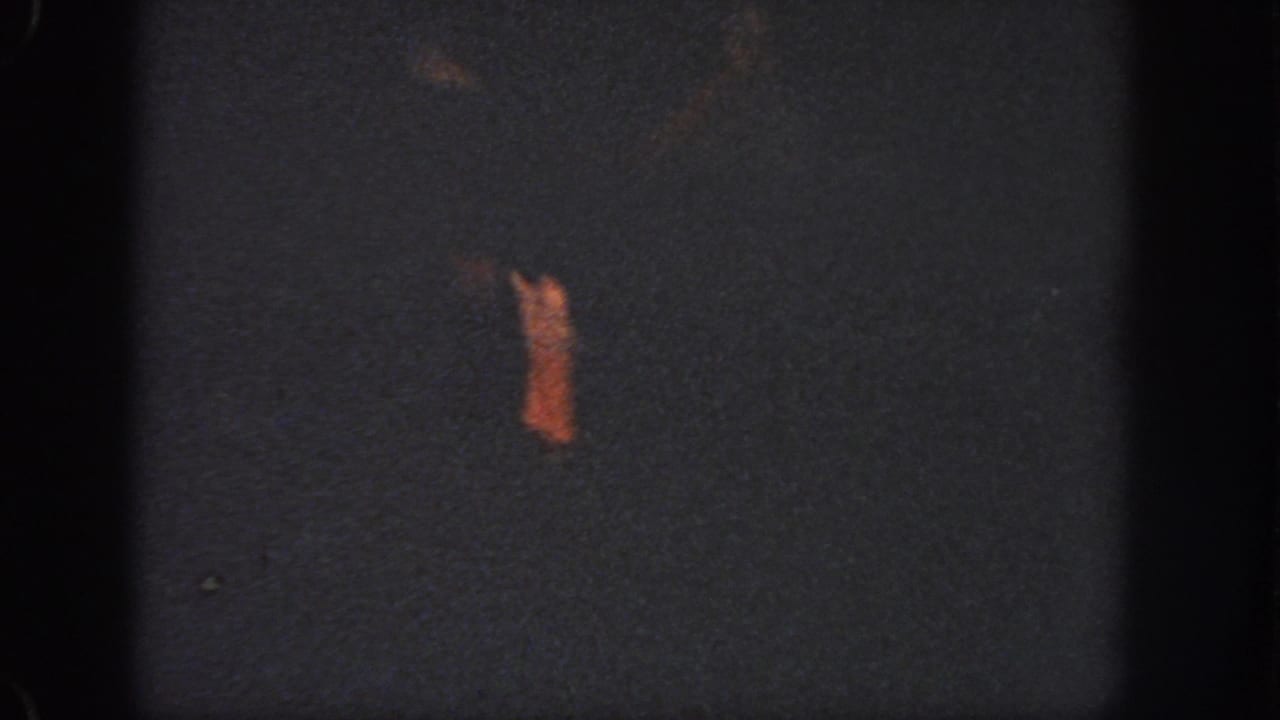 Small orange-toned figure or object against dark water with film borders.