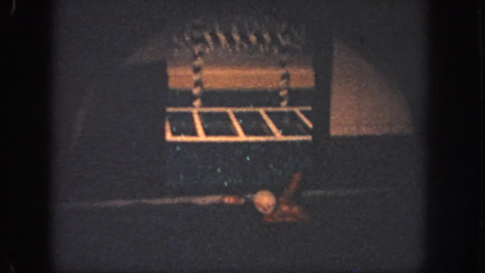 Possible poolside starting block or platform appears above dark water in the 1951 Atlanta 8mm swim footage.