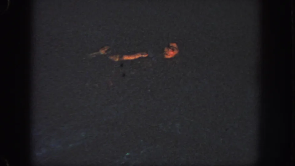 1951 Atlanta 8mm frame showing the swimmer's face and arm faintly visible as they remain partly submerged in dark nighttime water.