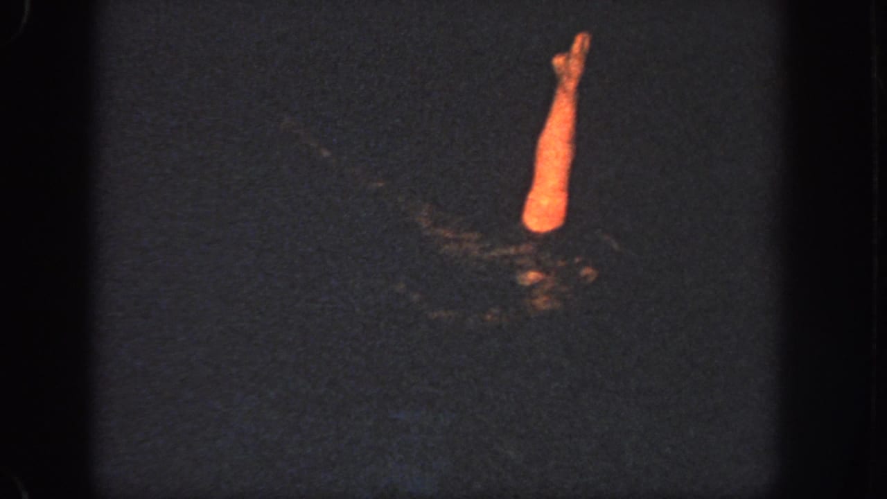 1951 Atlanta 8mm frame showing a swimmer partly submerged, with one illuminated limb raised above rippling dark water.