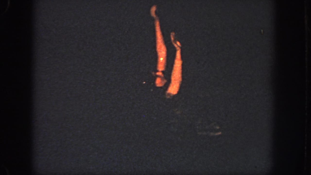 1951 Atlanta home-movie frame with the swimmer mostly submerged and both arms lit orange above the water.
