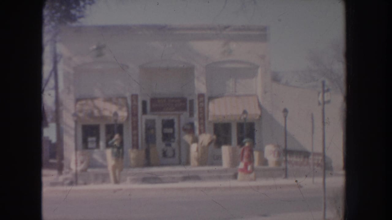 Commercial storefront across a street with awnings, pedestrians, bare trees, and a lamppost.
