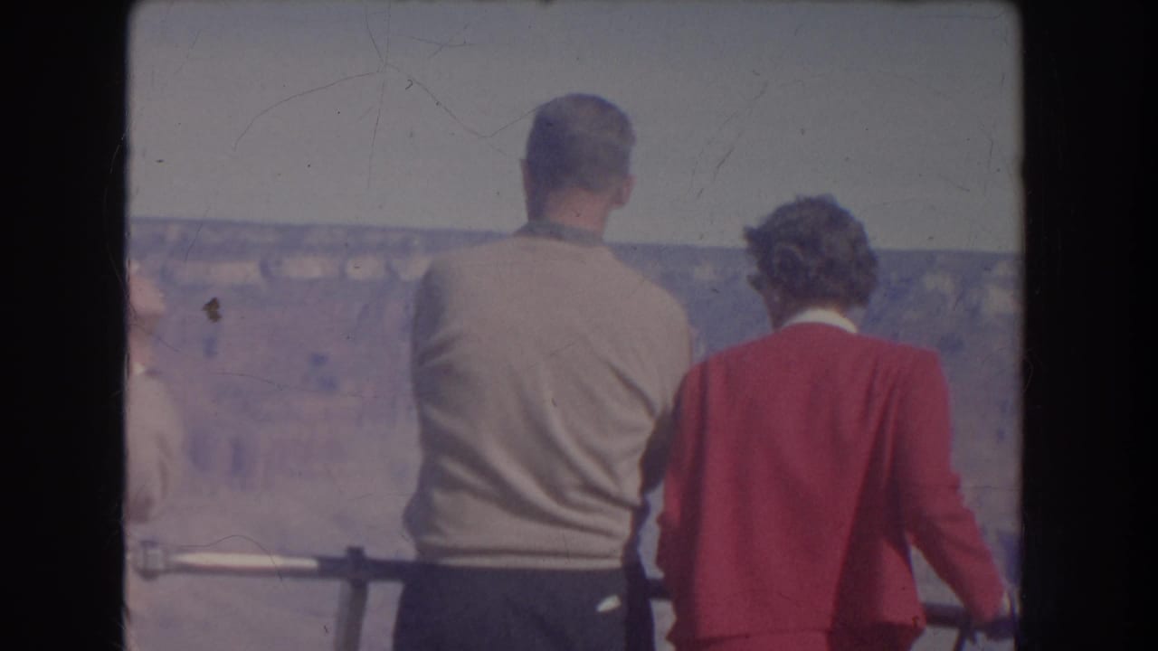 Three adults seen from behind at a canyon overlook railing.