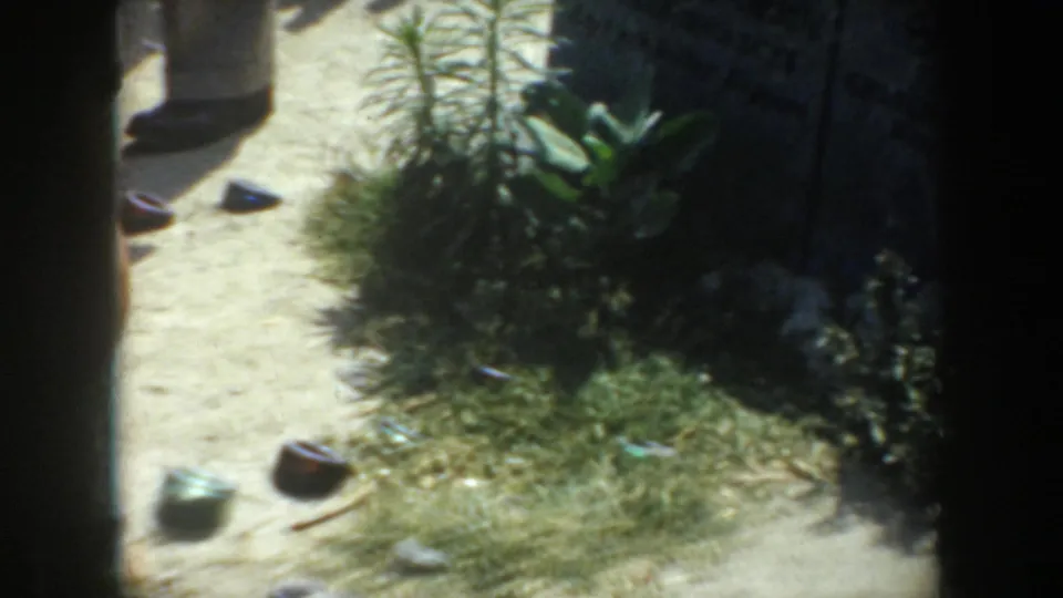 1952 California home-movie frame showing sandy ground, garden plants, and scattered small objects near a wall.