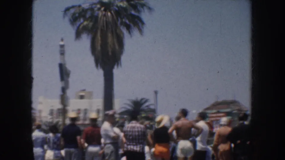 1952 California resort beachgoers are filmed from behind near a tall palm tree, with hats and summer clothing visible.