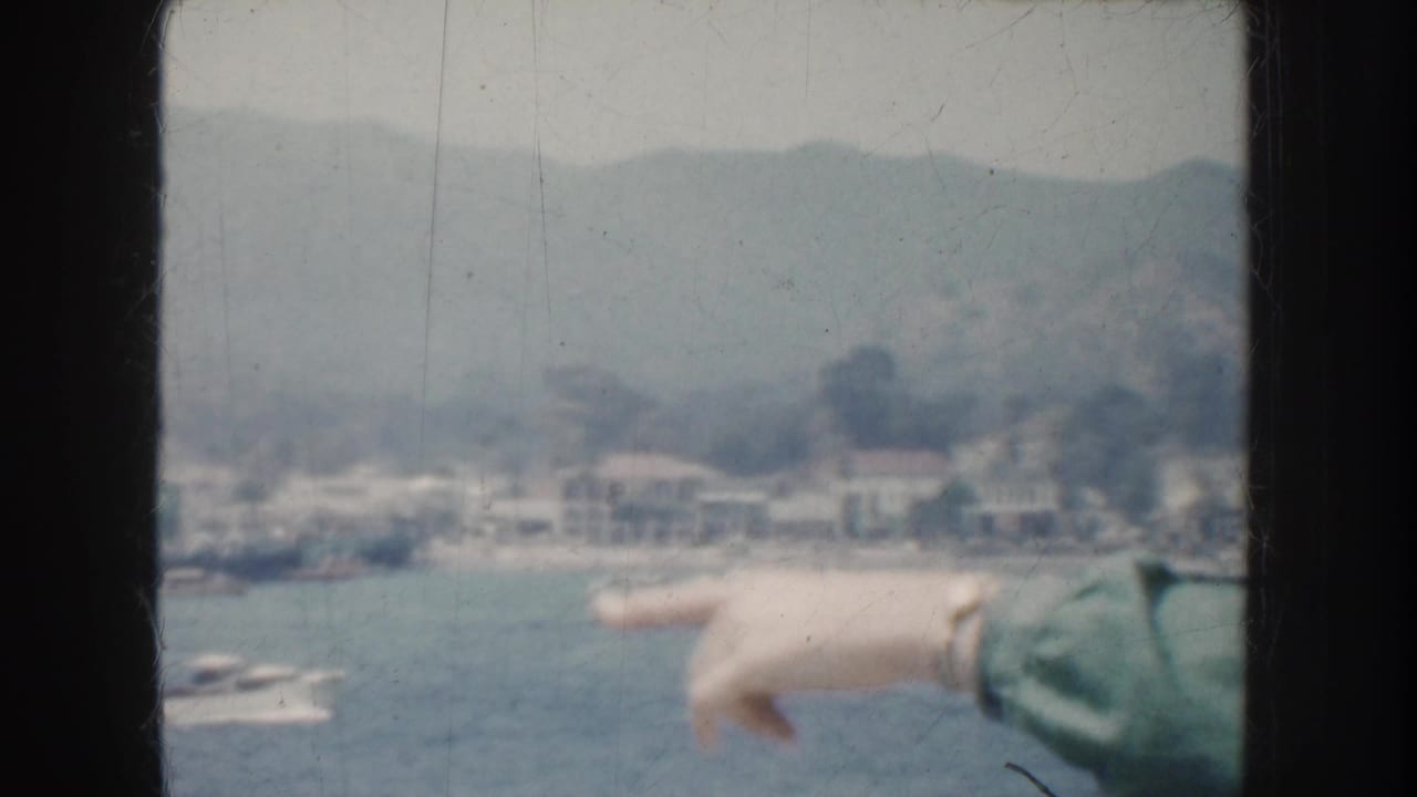 A pointing arm extends toward boats and shoreline buildings across the bay.