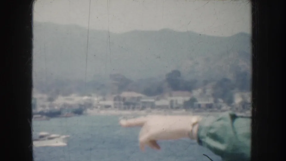 A green-sleeved arm points toward a California bay shoreline with small boats, white buildings, and hazy hills.