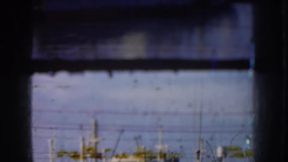 A soft 1952 California harbor view shows water, low shoreline details, masts, and dark framing from the filming position.