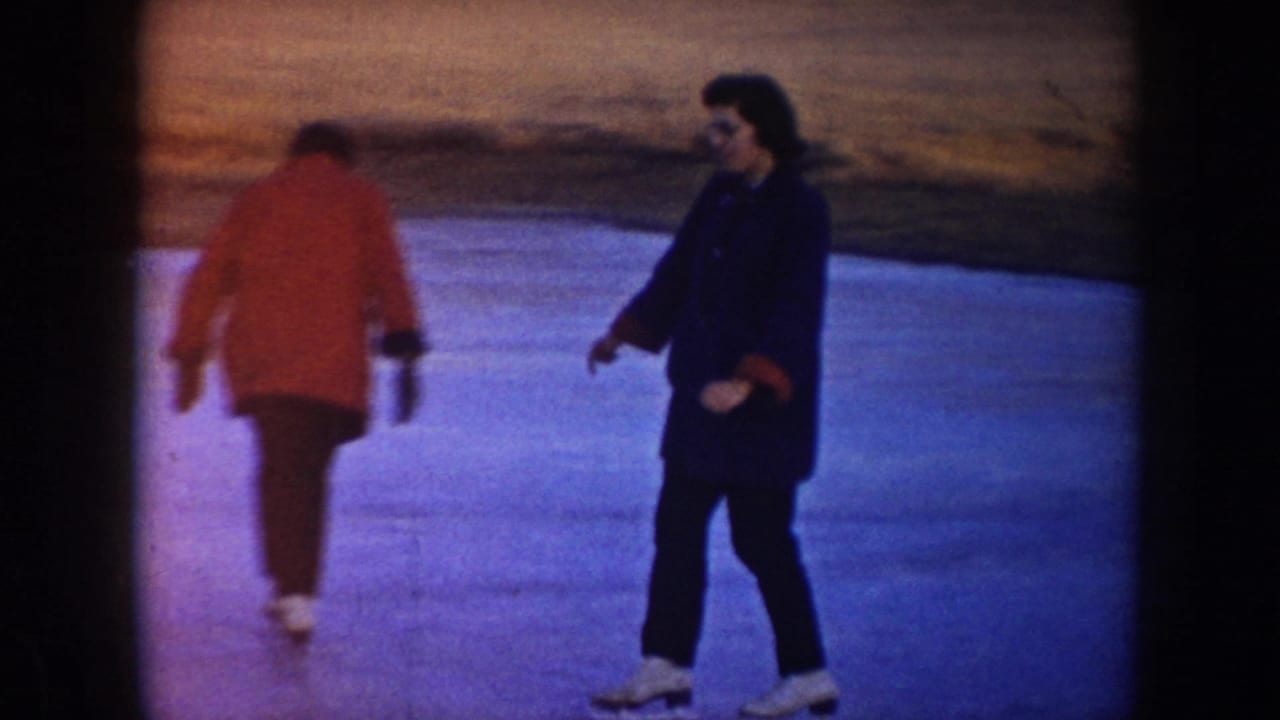Two people skating on a frozen pond beside open fields.