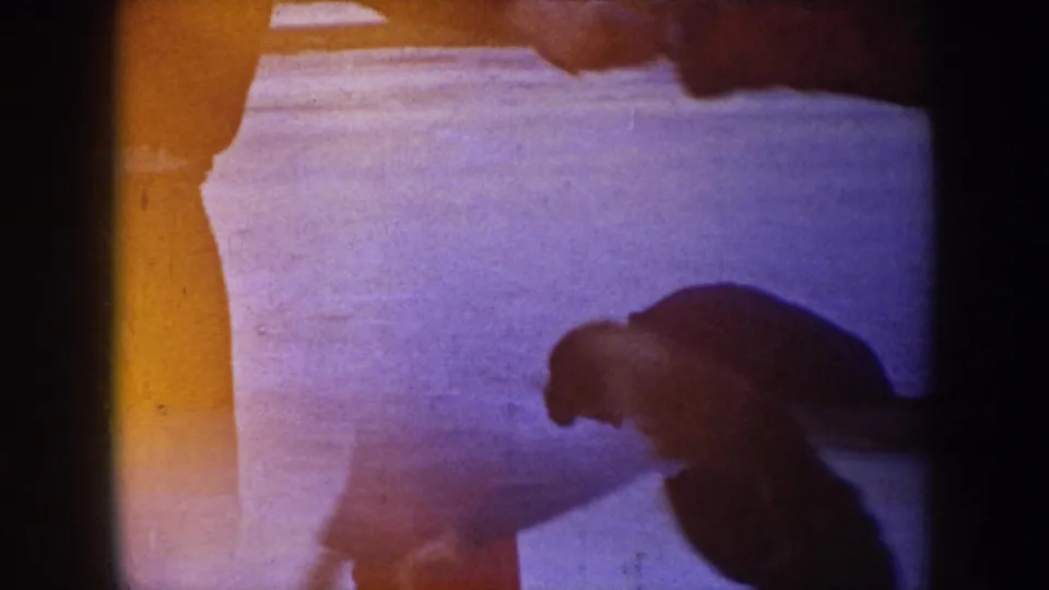 A 1953 North Dakota home-movie frame shows the red-coated skater crouched low on the frozen pond amid warm exposure flare.