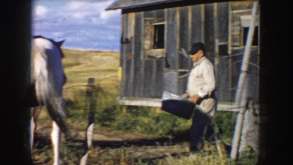 A man in a light shirt and dark cap carries a pail beside the barn while the horse moves partly out of view.