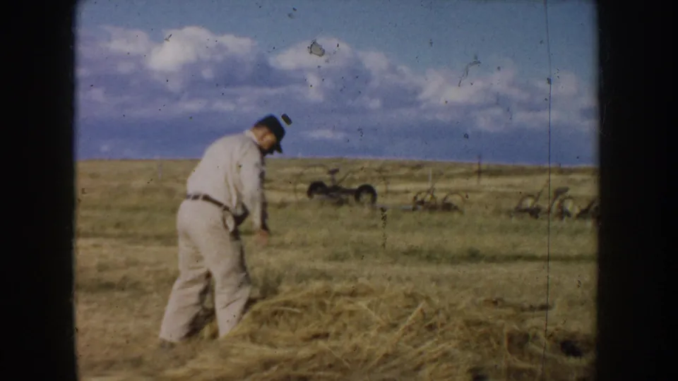 The 1953 8mm frame shows the farmer bent over in an open South Dakota field, with low farm equipment or implements visible on the horizon.
