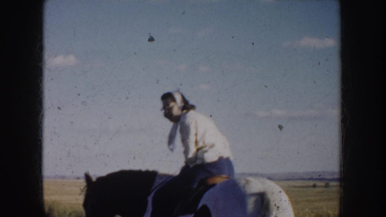 Woman seated on a pinto horse against a broad open field and blue sky.